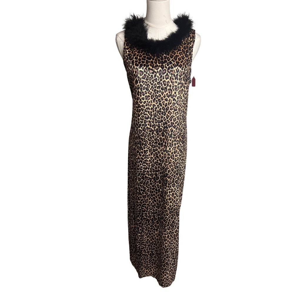 Vintage Velvet Leopard Print Feather Trim Maxi Dress Vintage 90s Large Party